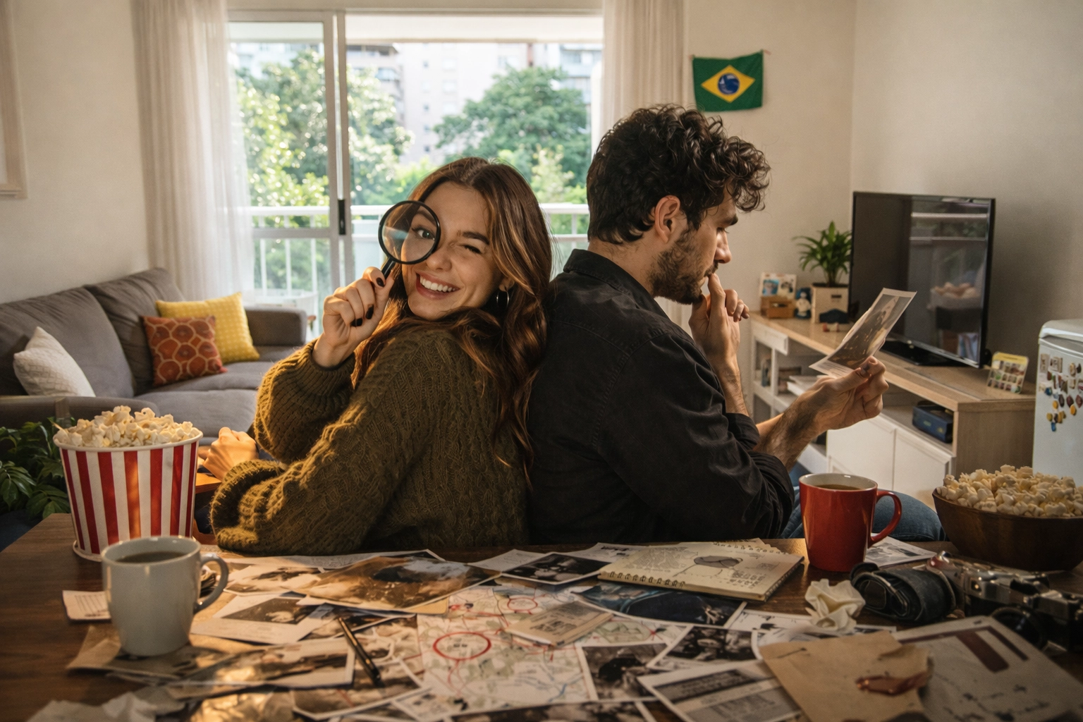 Casal tomando vinho e analisando evidências