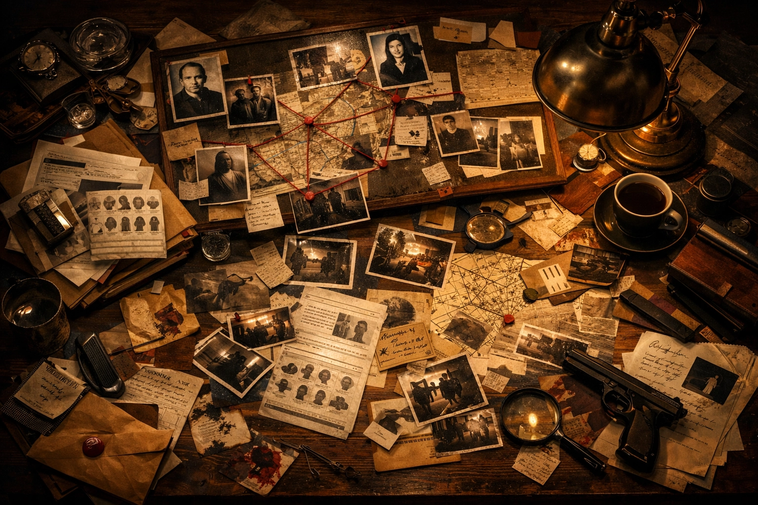 Pistas e evidências impressas espalhadas pela mesa